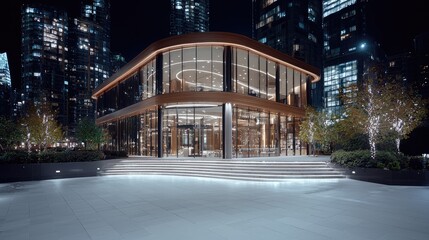 Fototapeta premium Modern Glass Building at Night, Cityscape
