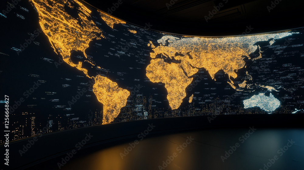 Aufkleber a 3d-rendered world map displayed on a futuristic curved screen, each city blinking with different i