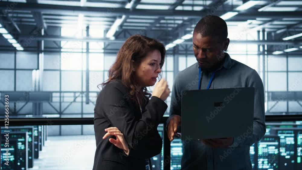 Aufkleber developers in data center workspace coding on laptop, analyzing metrics, optimizing storage volumes.