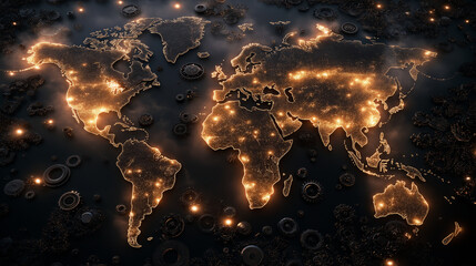 A steampunk-inspired world map with warm, glowing lights representing cities, detailed with brass gears, compass markings, and intricate engravings.