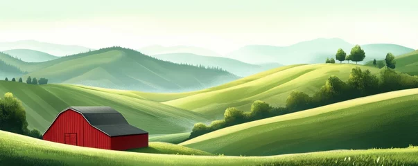  Scenic green hills with red barn and lush landscape in serene countryside © Влада Яковенко
