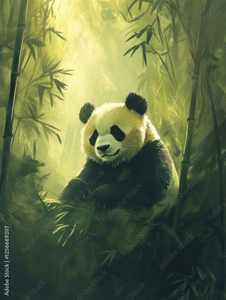 Poster panda portrait in a lush bamboo forest showcasing its serene expression among greenery. generative a