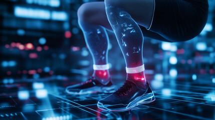 A futuristic fitness scene where holographic medical data overlays show how kinesiology tape enhances knee stability for an athlete.