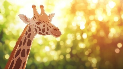 Obraz premium Giraffe portrait, sunlit savanna, bokeh background, wildlife illustration