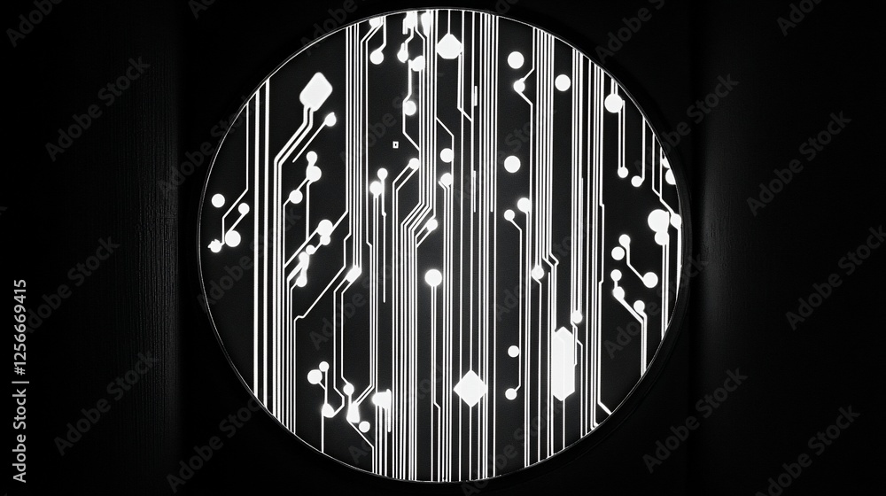 Aufkleber abstract circular design featuring glowing white circuit lines on a black background.