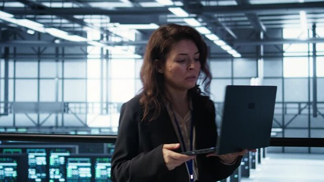 Cybersecurity expert in data center frantically trying to counter a hacker attack. Server room worker under pressure to secure sensitive information after threat alert received on laptop, camera B