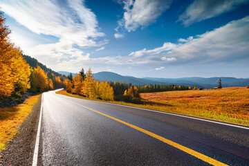 Beautiful rural road in autumn season forest. Royalty high-quality free best stock of Scenic autumn Winding road with colorful foliage, amazing landscape nature, fall color trees woods