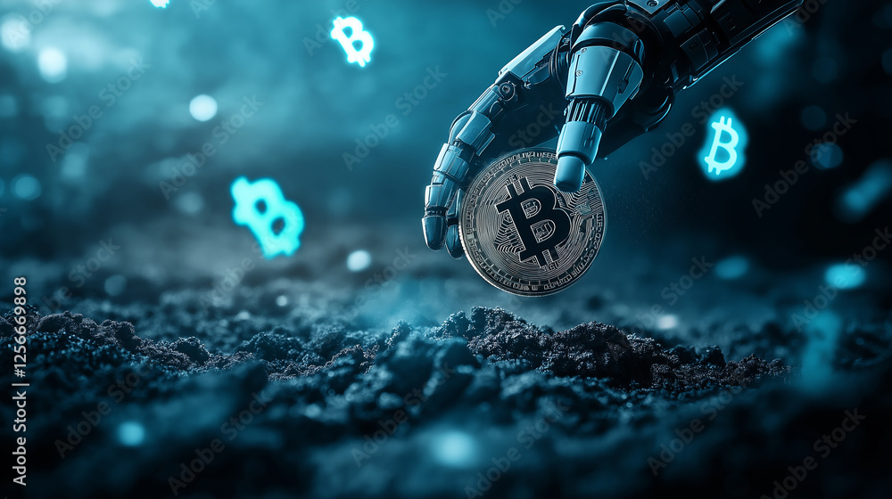 Poster a night-time sci-fi landscape where an ai-driven robotic hand buries a bitcoin in luminescent blue s