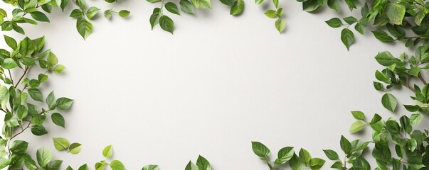 Green leaves branches forming frame on white background
