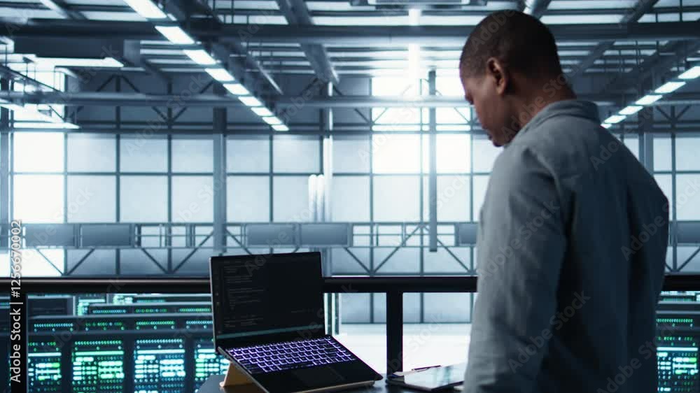 Poster technician in data center using ai on laptop and tablet, developing disaster recovery plans. server 