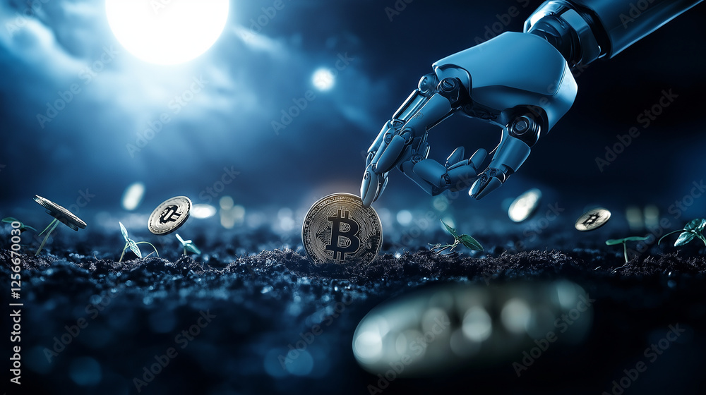 Poster a surreal image where a robot hand plants a bitcoin in soil that instantly sprouts digital currency 