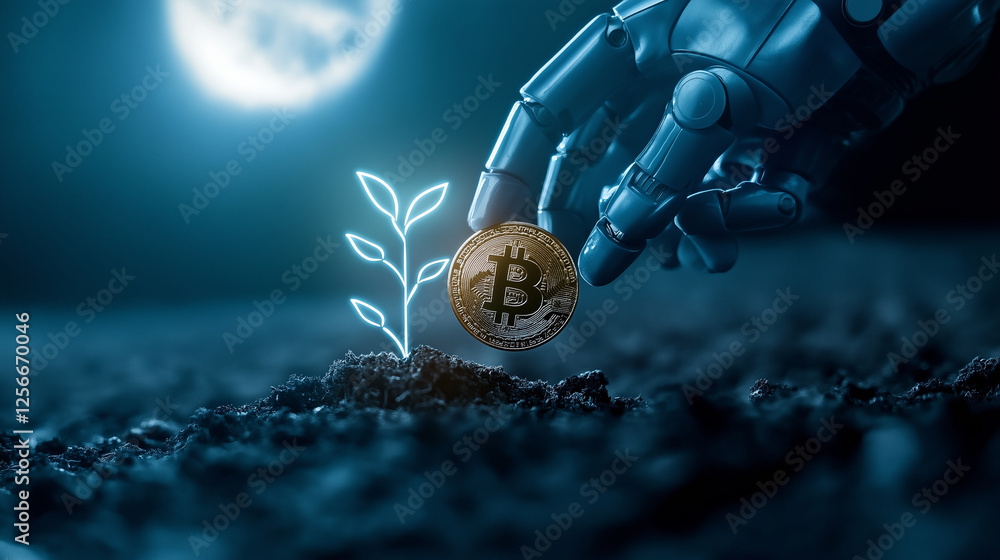 Poster a surreal image where a robot hand plants a bitcoin in soil that instantly sprouts digital currency 