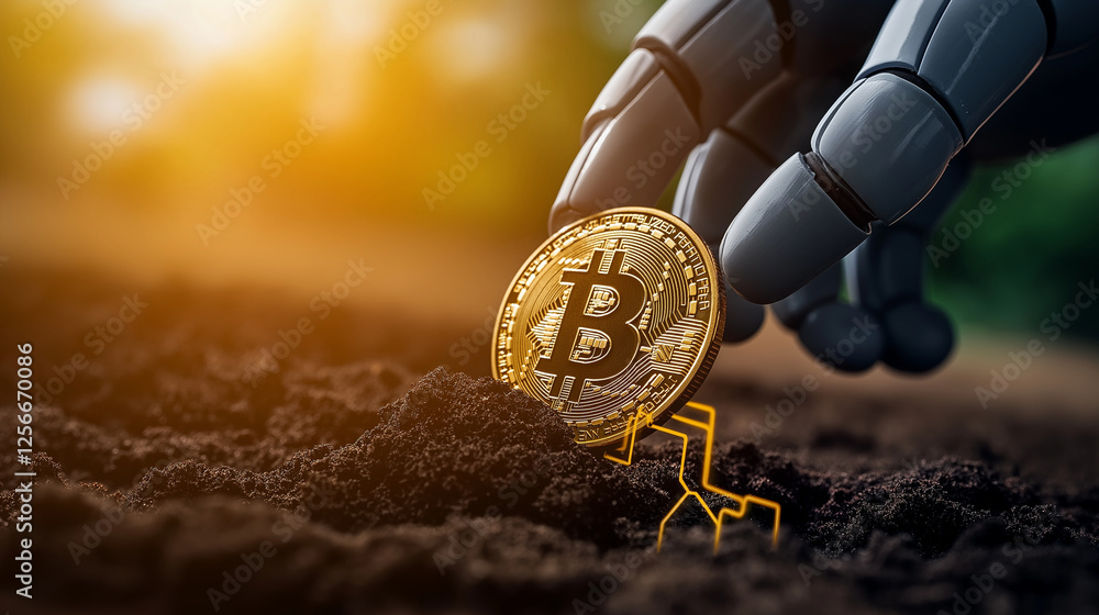 Poster a close-up of robotic fingers releasing a bitcoin into the dirt, with golden circuits appearing in t