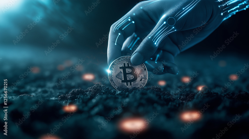 Poster a hyper-realistic depiction of a mechanical hand with fiber-optic veins carefully inserting a bitcoi