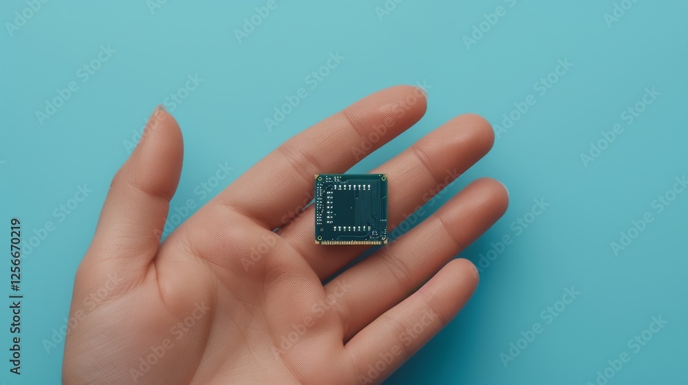 Poster a crisp image showcasing a human hand with a microchip resting on the palm, set against a solid blue