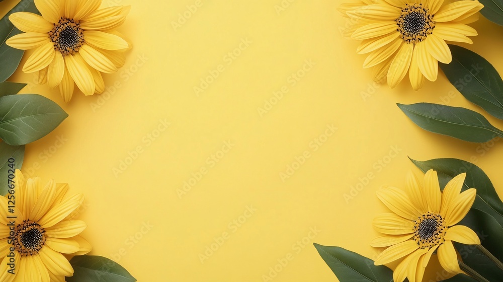 Poster yellow flowers and green leaves creating a border on yellow background