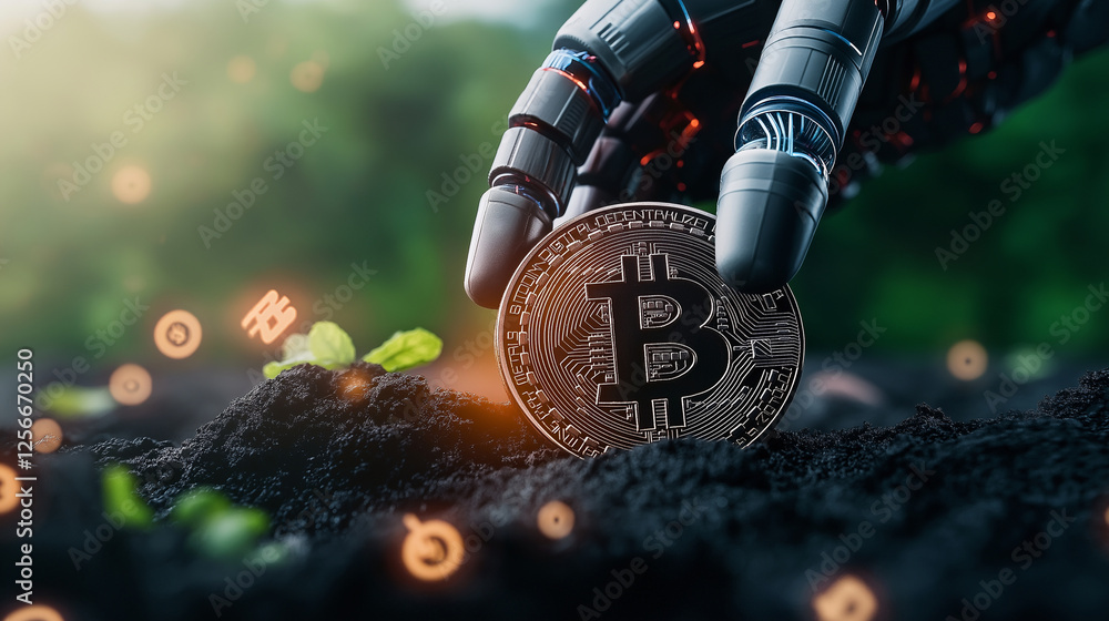 Poster a hyper-realistic depiction of a mechanical hand with fiber-optic veins carefully inserting a bitcoi