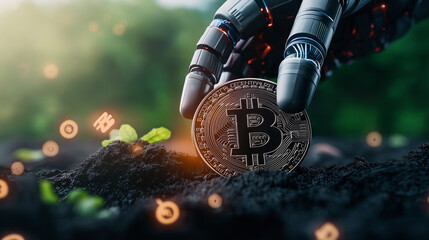 A hyper-realistic depiction of a mechanical hand with fiber-optic veins carefully inserting a Bitcoin into soil infused with glowing blockchain symbols.