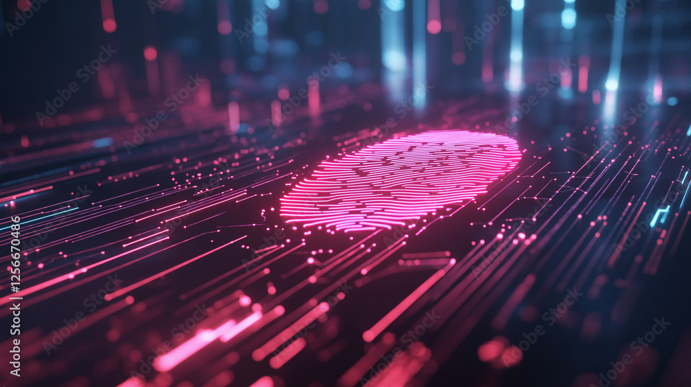 Poster a stylized fingerprint rendered with neon lights and glowing circuitry patterns, hovering above a so