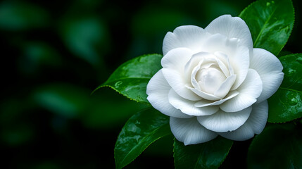 A stunning white flower with green leaves, symbolizing purity and beauty, set against a dark, peaceful background.
