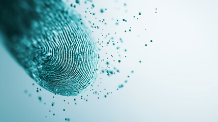 A digital fingerprint in bright cyan on a clean white background, with small data particles floating around it, representing digital identity and protection.