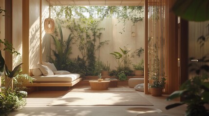 Serene Indoor Oasis: A Tranquil Space Blending Nature with Minimalist Design