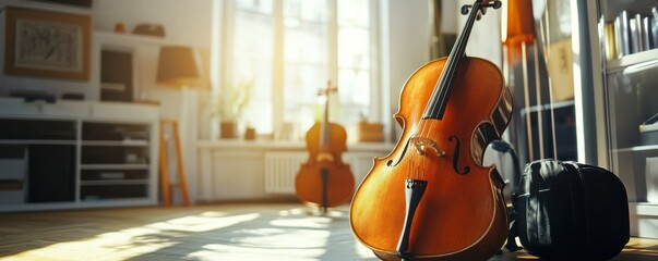 Cozy sunlit music room with two cellos and soft natural lighting