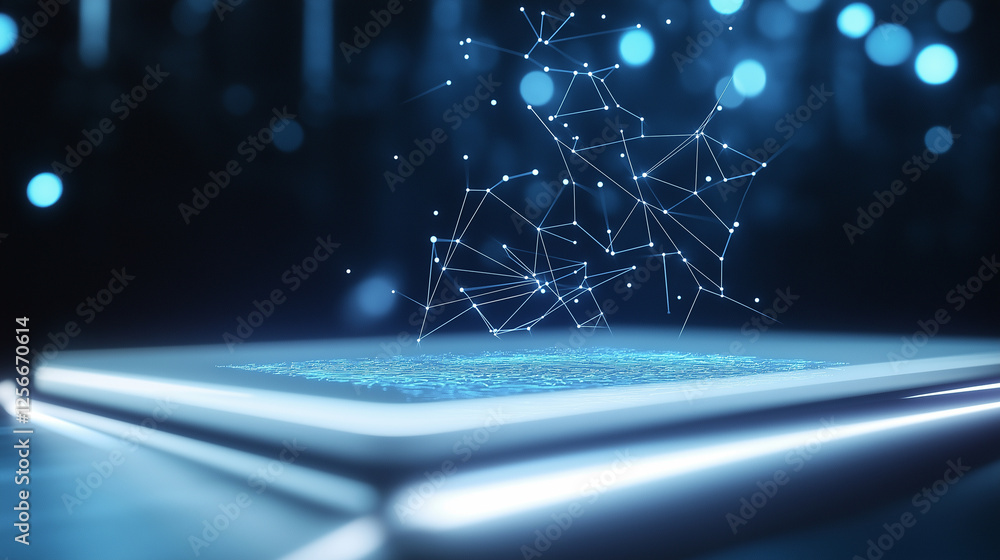 Poster a glowing digital fingerprint on a sleek white surface, with floating geometric shapes and lines rep