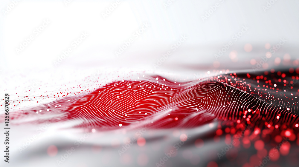 Poster a white background with a vibrant red digital fingerprint, each ridge lined with tiny moving lights,