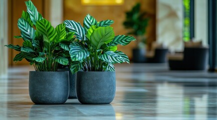 Obraz premium Calathea Ornata Plants in Grey Pots in a Modern Lobby