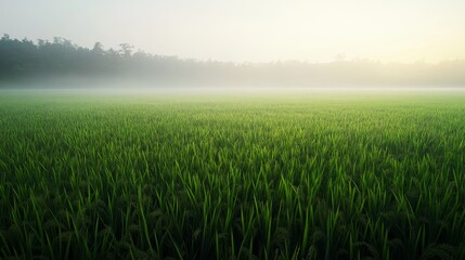 Rice field in early morning mist. Featuring a rice field covered in early morning mist. Highlighting serene and atmospheric landscape. Ideal for nature and travel visuals.