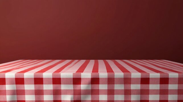 Red checkered tablecloth covering a table with a red wall background