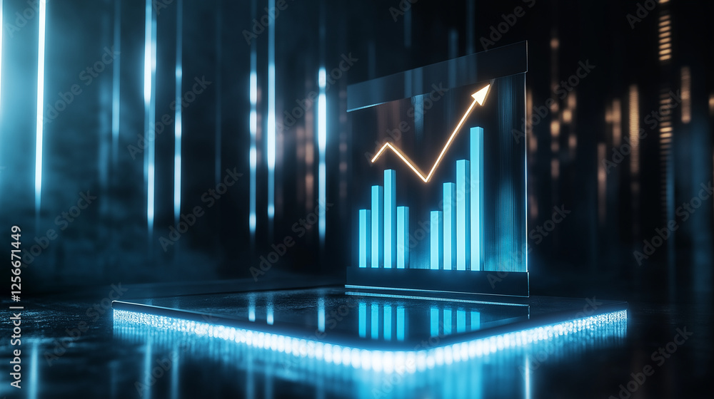Poster a sleek glass podium displaying a 3d bar graph with a golden upward arrow, illuminated by soft blue 