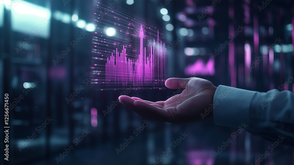 Poster a futuristic holographic bar chart floating above a businessman's hand, with a neon upward arrow and