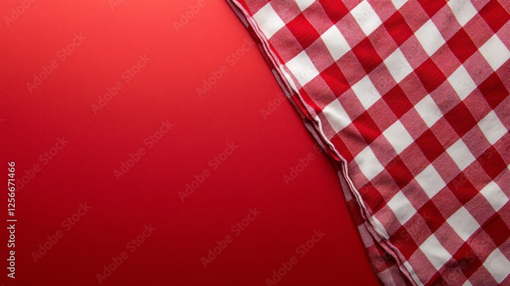 Poster red and white checkered tablecloth is laying on red background