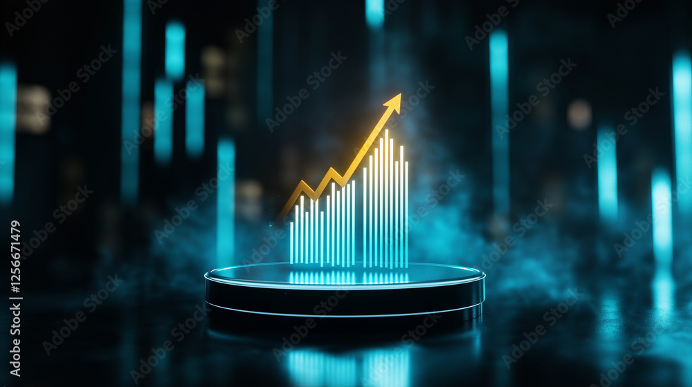 Poster a sleek glass podium displaying a 3d bar graph with a golden upward arrow, illuminated by soft blue 