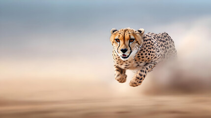 A swift cheetah running across the sandy terrain, showcasing its speed and grace in the wild.