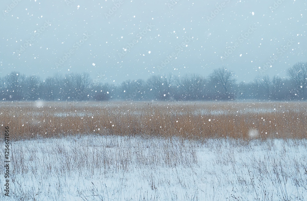 Poster snow falling on a field of tall grass under a gray sky.