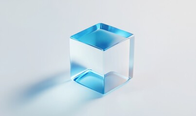 Transparent blue glass cube on white background.
