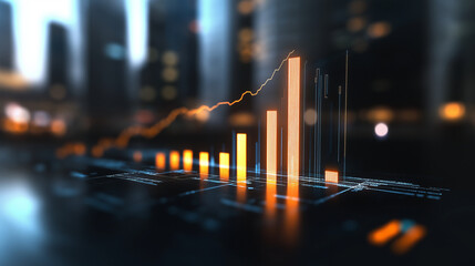 A 3D-rendered bar graph in a futuristic cityscape, where each skyscraper represents financial growth, glowing brighter as the trend moves upward.