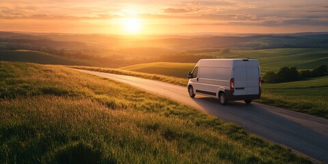 Fototapeta premium White van driving on scenic country road at sunset.