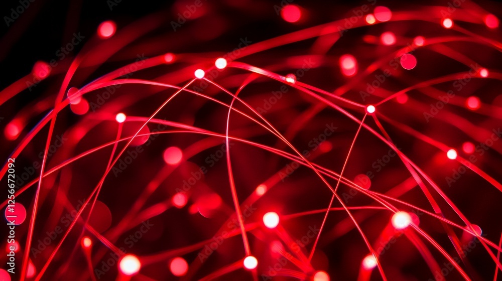 Aufkleber abstract red glowing lines and dots forming a complex network on black background.
