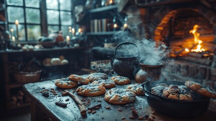 Cookies and a pot on a table by a cozy fireplace in a rustic cabin interior with wooden beams and soft lighting concept of bakery home decor cozy lifestyle