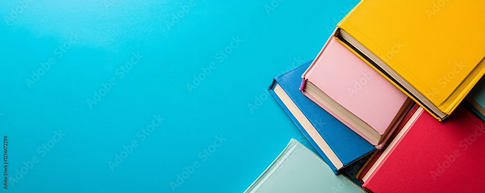Poster stack of colorful books forming a border on blue background