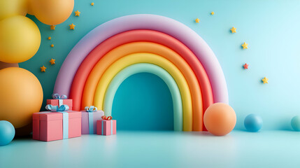 Fototapeta premium A vibrant and joyful setting featuring colorful balloons and gifts under a charming rainbow backdrop.