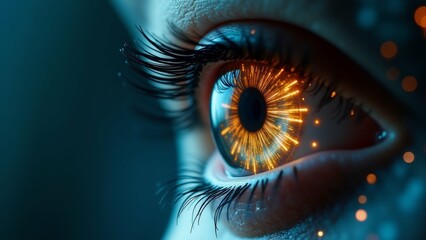 close person eye eye focal point iris being main focus iris bright orange color black pupil center pupil surrounded halo small orange dots which appear glowing background dark making eye stand out