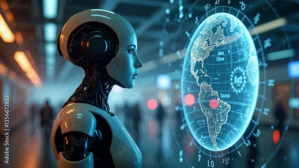 Poster robot futuristic design its head body robot standing hallway large screen background screen displays