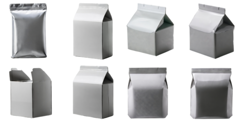 Various Silver Packaging Options for Food and Beverage Products, isolated on transparent background