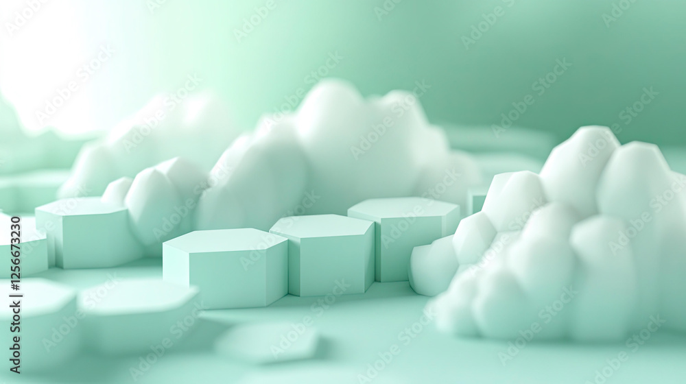 Poster abstract 3d render of mint green hexagonal platforms and soft clouds