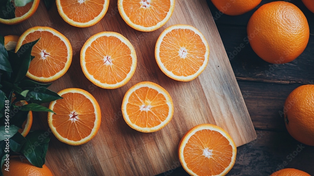 Poster several sliced oranges resting on a cutting board
